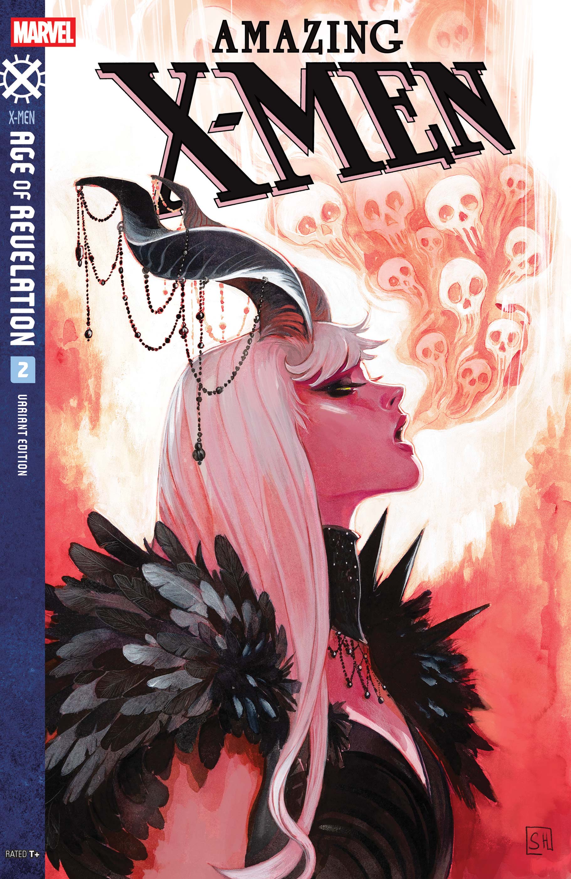 magik (x-men), marvel, new mutants, x-men, absurdres, comic cover, highres, official art, 1girl, black dress, black eyeshadow, black horns, blonde hair, breasts, cleavage, company name, copyright logo, copyright name, cover, cover page, dress, english text, eyeshadow, feather trim, green eyes, horns, jewelry, logo, long hair, makeup, necklace, open mouth, orange background, profile, skull, solo, stephanie hans