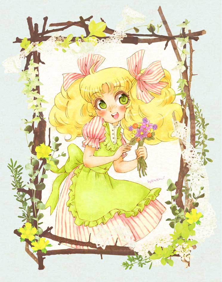 nanami tomorou, candice white ardlay, candy candy (series), toei company, 1970s (style), 1girl, ahoge, apron, blonde hair, blush, bouquet, dress, female focus, flower, freckles, green eyes, hair ribbon, leaf, oldschool, retro artstyle, ribbon, signature, solo, striped clothes, striped dress, twintails, white background