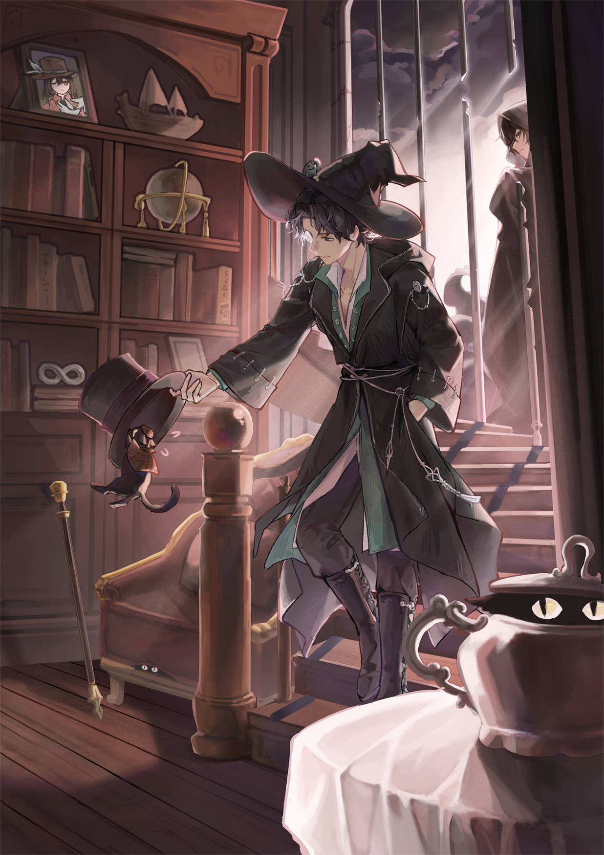 amon (lord of the mysteries), klein moretti, lord of the mysteries, chinese commentary, commentary request, highres, angel, bird, black bird, black eyes, black robe, clock hands, clockwork, crow, dark, hat, monocle, robe, wizard hat