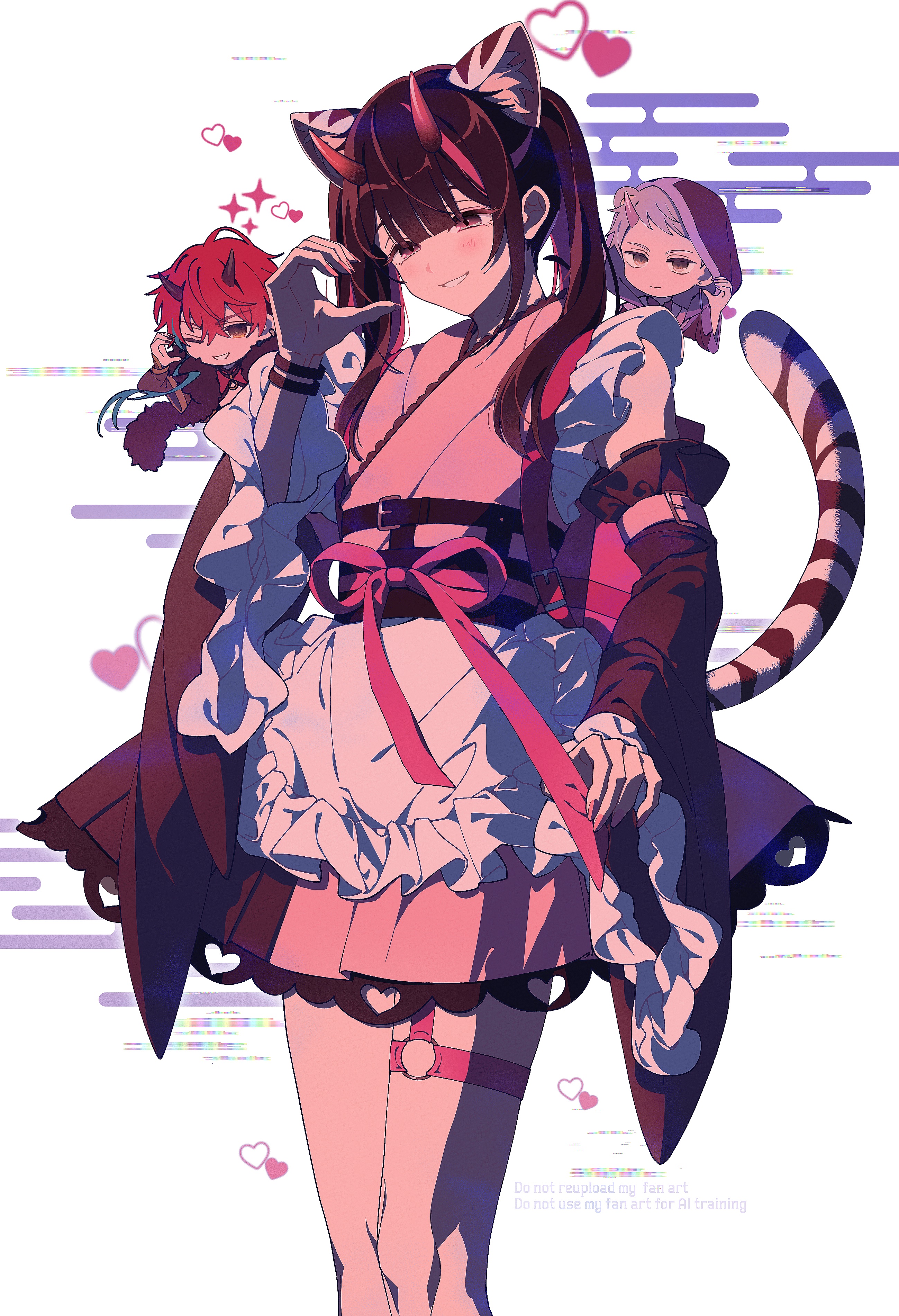 sorahoshi ichino, komazawa noi, komazawa rai, mikado akira (chou kaguya-hime!), chou kaguya-hime!, absurdres, commentary request, highres, 3boys, animal ears, apron, black hair, blunt bangs, bracelet, cat ears, chibi, crossdressing, crossdressing (mtf), detached sleeves, egasumi, feet out of frame, frilled apron, frilled kimono, frills, half-heart hands, hand up, heart, horns, japanese clothes, jewelry, kimono, long hair, long sleeves, looking at viewer, male focus, mini person, miniboy, multicolored hair, multiple boys, o-ring, o-ring thigh strap, obi, one eye closed, pink horns, pink kimono, pink ribbon, purple hair, red hair, ribbon, sash, short hair, smile, sparkle, standing, streaked hair, tail, thigh strap, tiger ears, tiger tail, trap, waist apron, white apron, wide sleeves