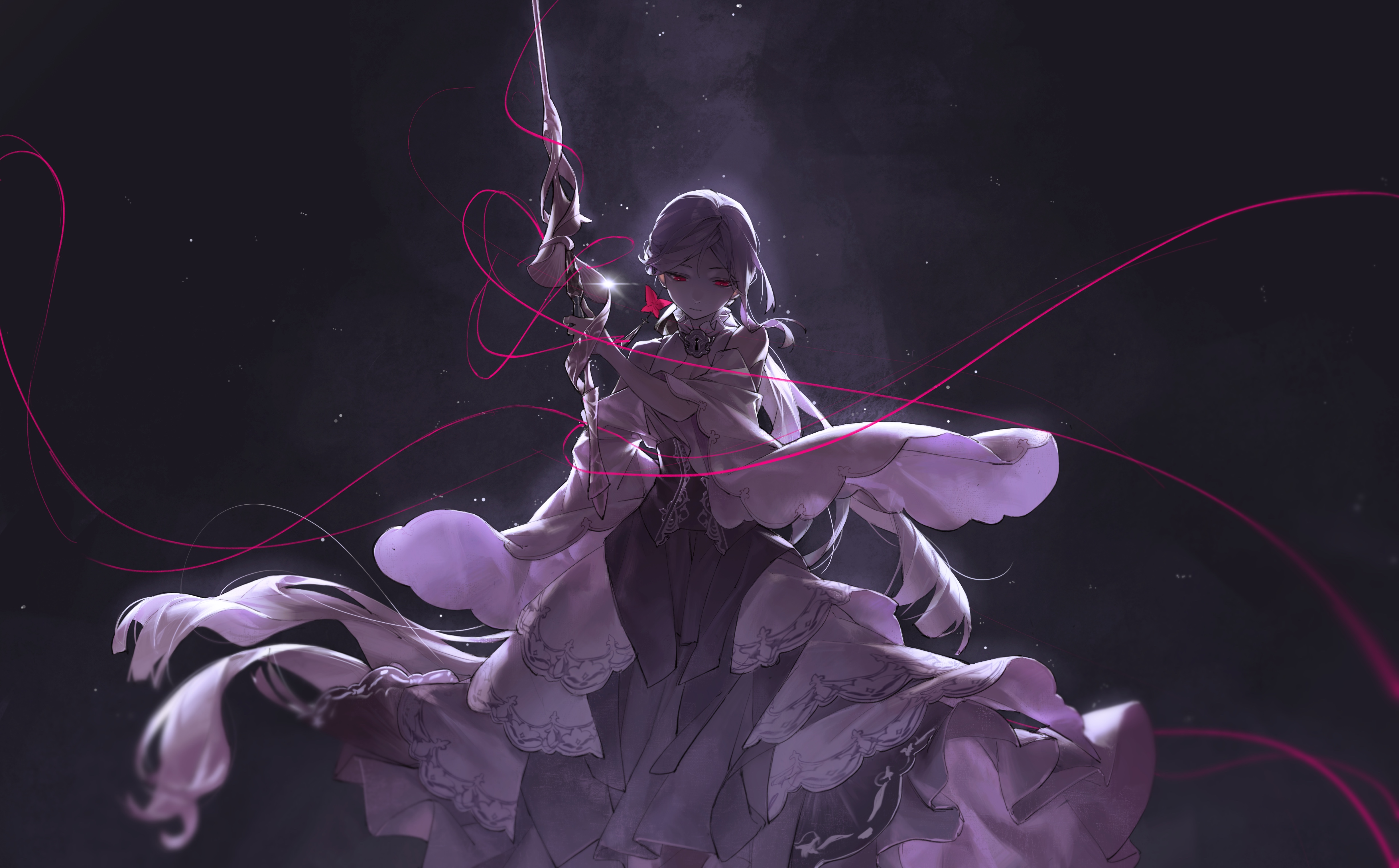 wushier, assyria (forever 7th capital), forever 7th capital, absurdres, commentary request, highres, 1girl, dress, holding, holding weapon, jewelry, locket, looking down, pendant, rapier, red eyes, sword, weapon, white hair