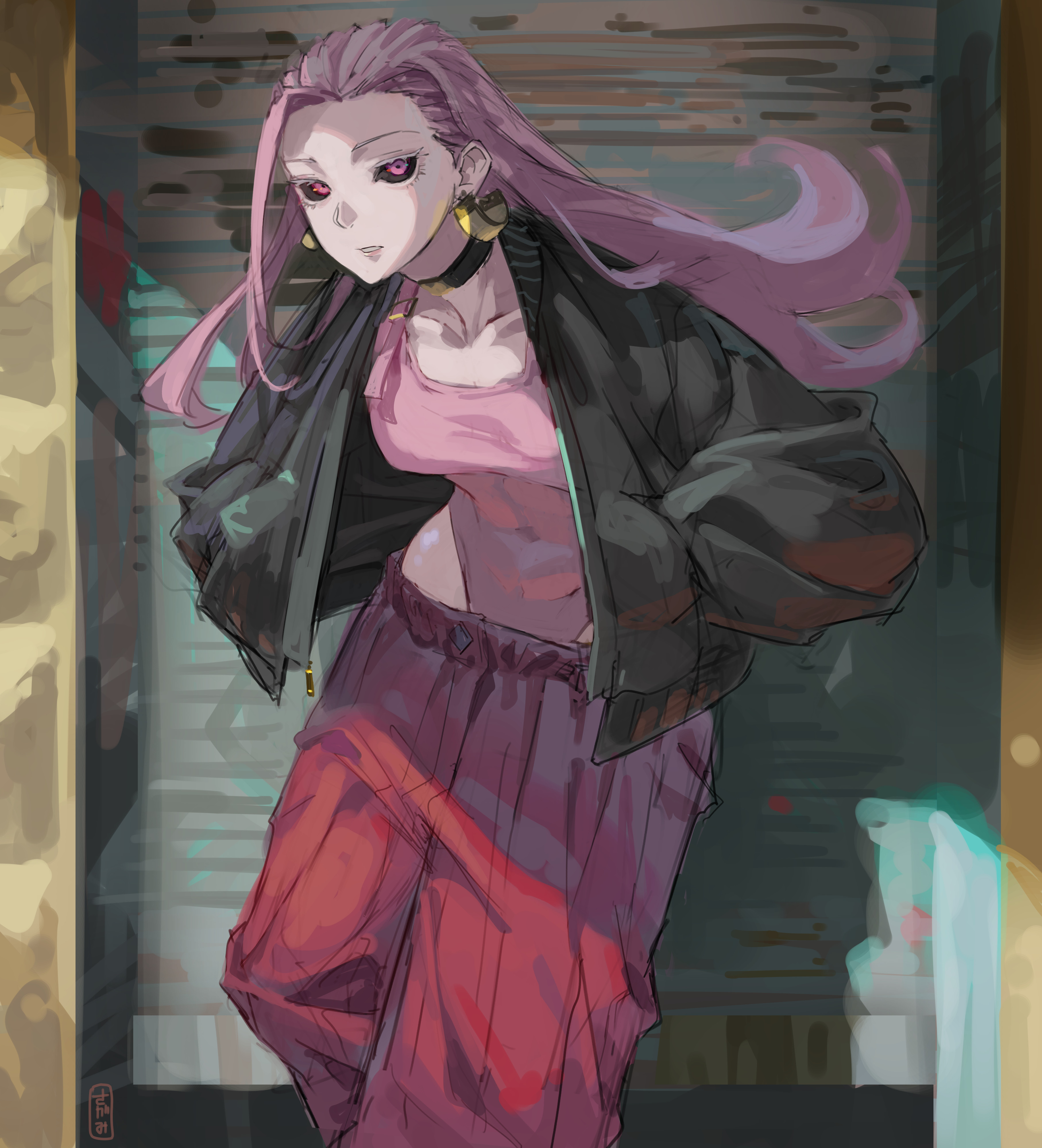 kakapyramid, uro takako, jujutsu kaisen, absurdres, commentary request, highres, 1girl, against wall, bare hips, black jacket, black sclera, choker, colored sclera, earrings, hands in pockets, jacket, jewelry, leaning forward, leotard, looking at viewer, pants, pink eyes, pink hair, pink leotard, red pants, solo