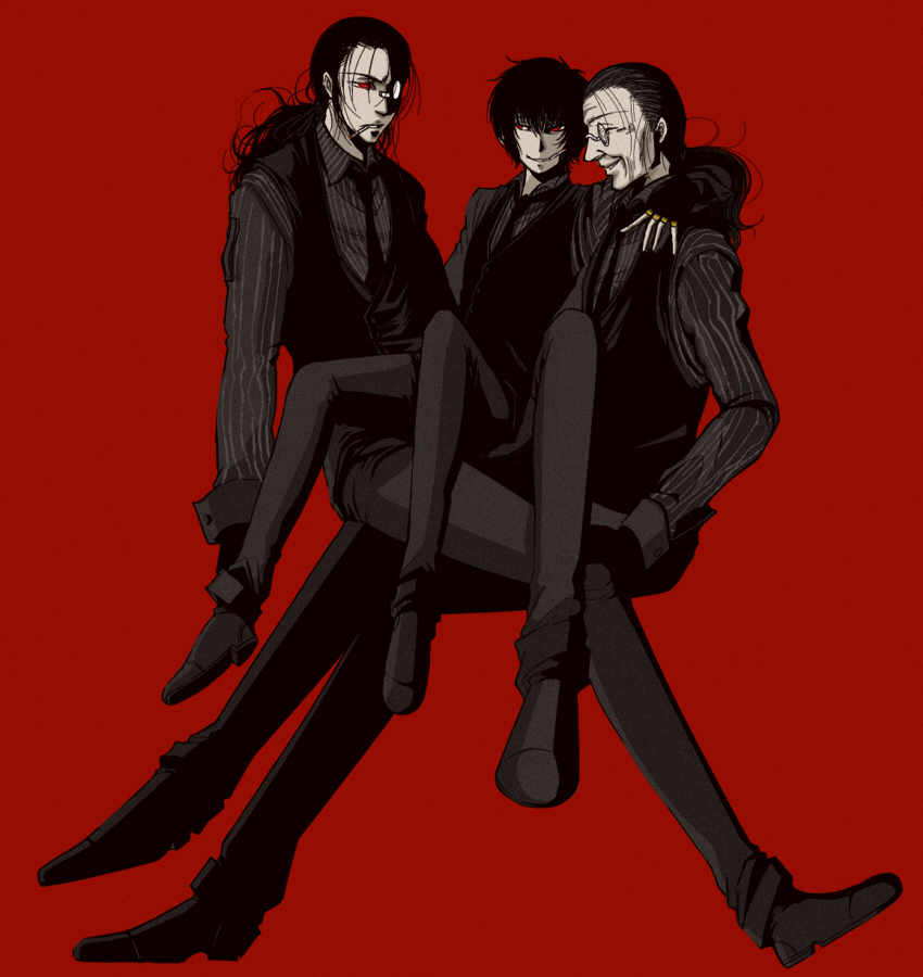 hill (artist), walter, walter c. dornez, hellsing, hellsing: the dawn, bad id, bad pixiv id, 3boys, age regression, aged down, black hair, cigarette, closed eyes, male focus, multiple boys, multiple persona, necktie, ponytail, red eyes, smile, time paradox, vampire