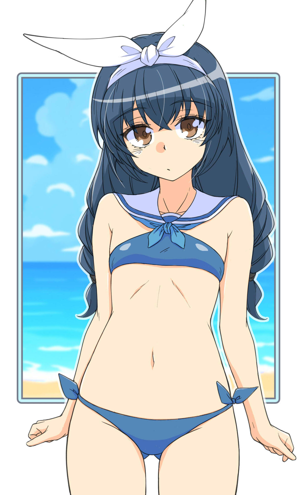 renshiu, reizei mako, girls und panzer, commentary request, highres, 1girl, bikini, black hair, blue bikini, blush, breasts, brown eyes, hair ribbon, long hair, looking at viewer, navel, ocean, open mouth, outdoors, ribbon, sailor bikini, sailor collar, sky, small breasts, solo, swimsuit