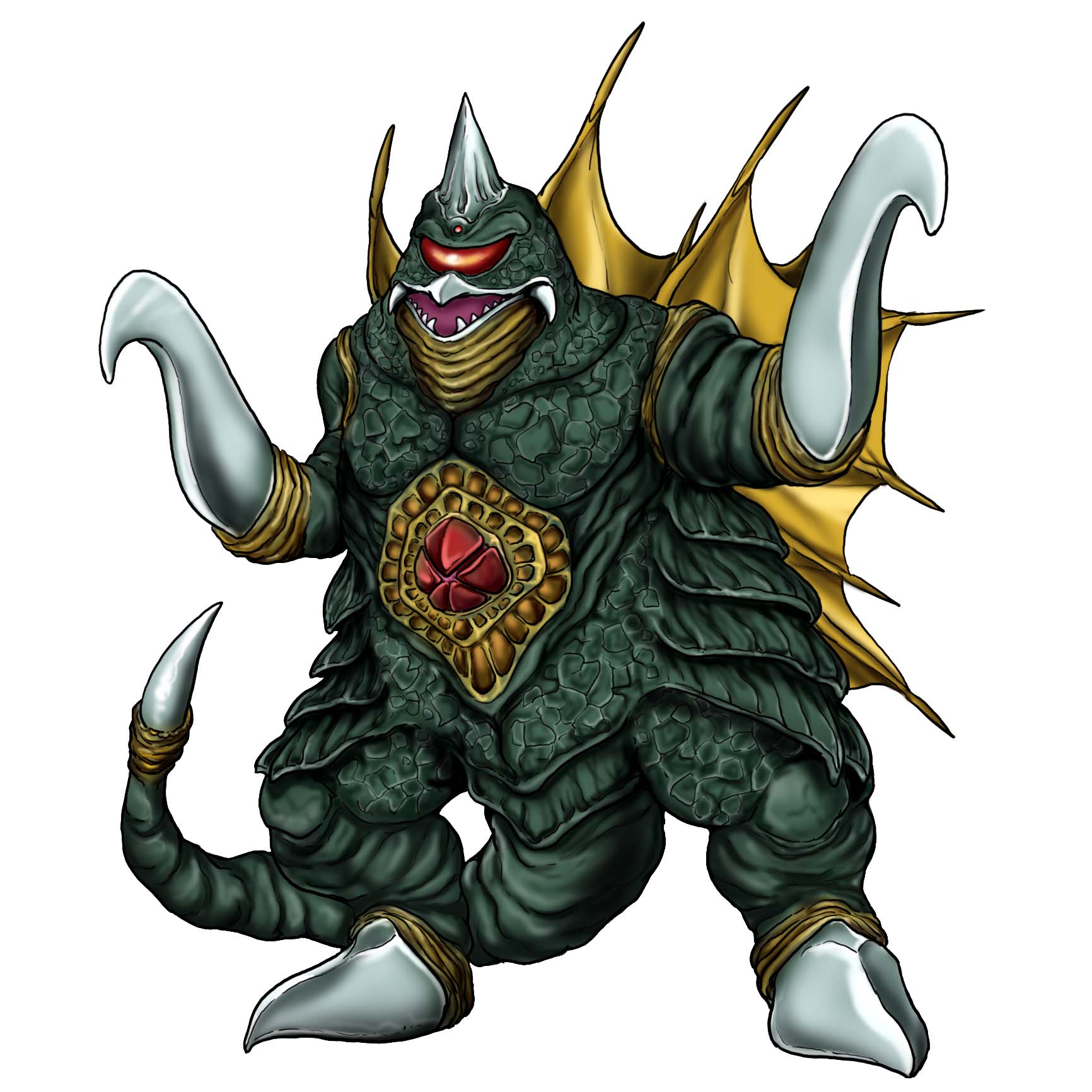 satoru33, bemstar, gigan, godzilla (series), godzilla vs. gigan, toho, tsuburaya productions, ultra series, ultraman (1st series), commentary, commentary request, highres, partial commentary, 1boy, arms up, beak, colored skin, cyborg, fangs, full body, fusion, giant, giant monster, green skin, hook, hook hand, horns, kaiju, no humans, no pupils, one-eyed, open mouth, red eyes, scales, science fiction, sharp teeth, simple background, single horn, solo, spiked feet, spiked tail, spines, standing, tail, teeth, white background