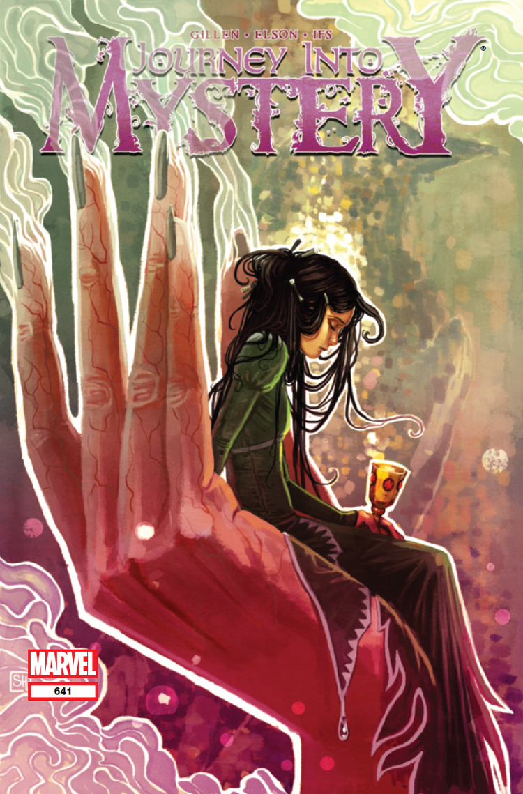 marvel, thor (marvel) (series), comic cover, official art, 1girl, black hair, closed eyes, company name, copyright logo, copyright name, cover, cover page, cup, dress, fingernails, green dress, green nails, hair ornament, hair stick, hairclip, holding, holding cup, juliet sleeves, leah of hel, logo, long hair, long sleeves, profile, puffy sleeves, sharp fingernails, sitting, smoke, solo, stephanie hans