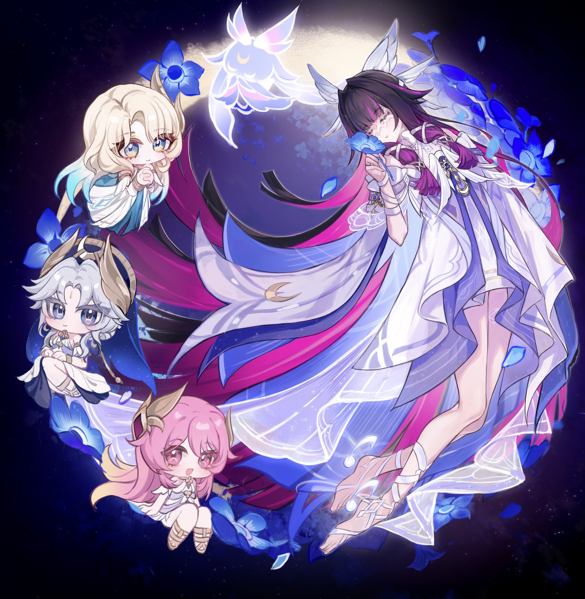 ahe63011, aria (genshin impact), canon (genshin impact), columbina (genshin impact), luonnotar (genshin impact), sonnet (genshin impact), genshin impact, commentary, english commentary, highres, 4girls, :d, arm ribbon, barefoot, black hair, blonde hair, blue eyes, blue flower, blue hair, blue veil, blunt bangs, bow, chibi, closed eyes, closed mouth, colored inner hair, crescent, crescent moon, detached sleeves, dress, eye mask, eyelashes, facial mark, feathered wings, flower, forehead mark, full body, gladiator sandals, gradient hair, grey hair, hair intakes, hair ornament, hair ribbon, hand up, head wings, holding, holding flower, laurel crown, leg ribbon, long hair, mask, mole, mole under mouth, moon, multicolored eyes, multicolored hair, multiple girls, multiple wings, open mouth, own hands together, parted bangs, parted lips, petals, pink eyes, pink hair, purple hair, ribbon, sandals, short hair, short hair with long locks, sidelocks, smile, streaked hair, veil, very long hair, white bow, white dress, white mask, white ribbon, white sleeves, white wings, wide sleeves, wing hair ornament, wings, yellow eyes