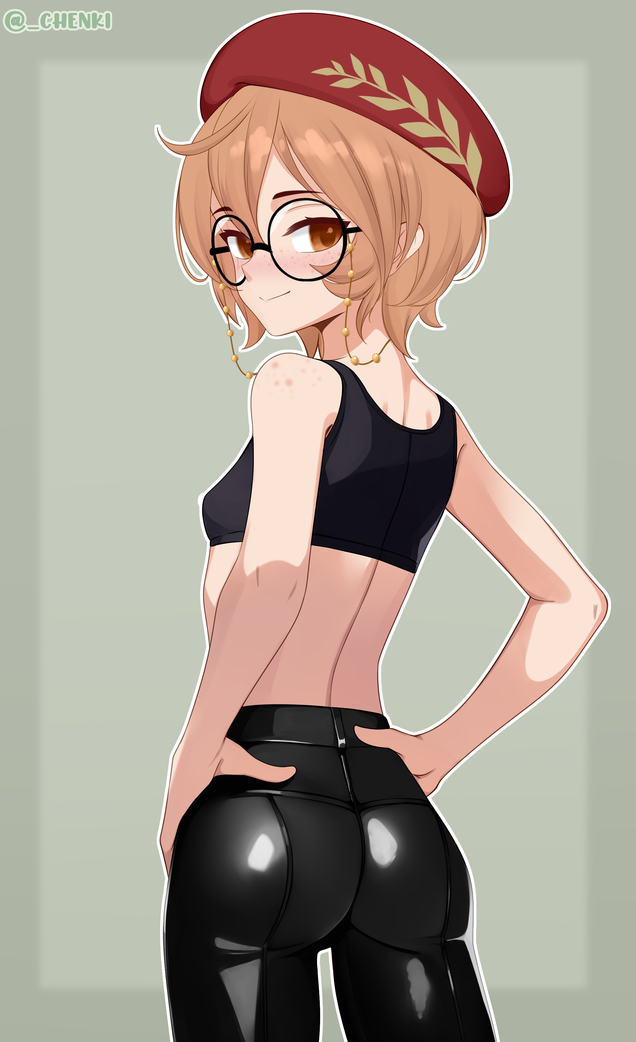 chenki (chenki), clio aite, phase connect, absurdres, commentary, english commentary, highres, paid reward available, 1girl, ass, breasts, brown eyes, brown hair, cowboy shot, from behind, glasses, hands on own hips, hat, looking at viewer, looking back, pants, red hat, short hair, small breasts, solo, virtual youtuber