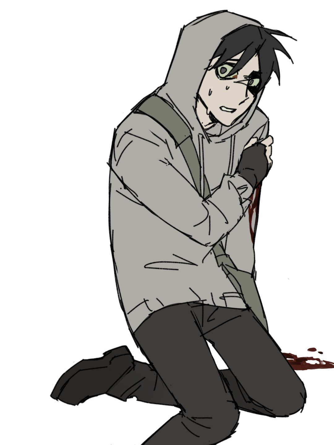 simon henriksson, cry of fear, highres, bag, black gloves, bleeding, blood, blood on clothes, brotherhon56337, fingerless gloves, gloves, grey hoodie, hand on own shoulder, hood, hood up, hoodie, kneeling, looking at viewer, self-harm, shoulder bag, surprised, wide-eyed, wrist cutting