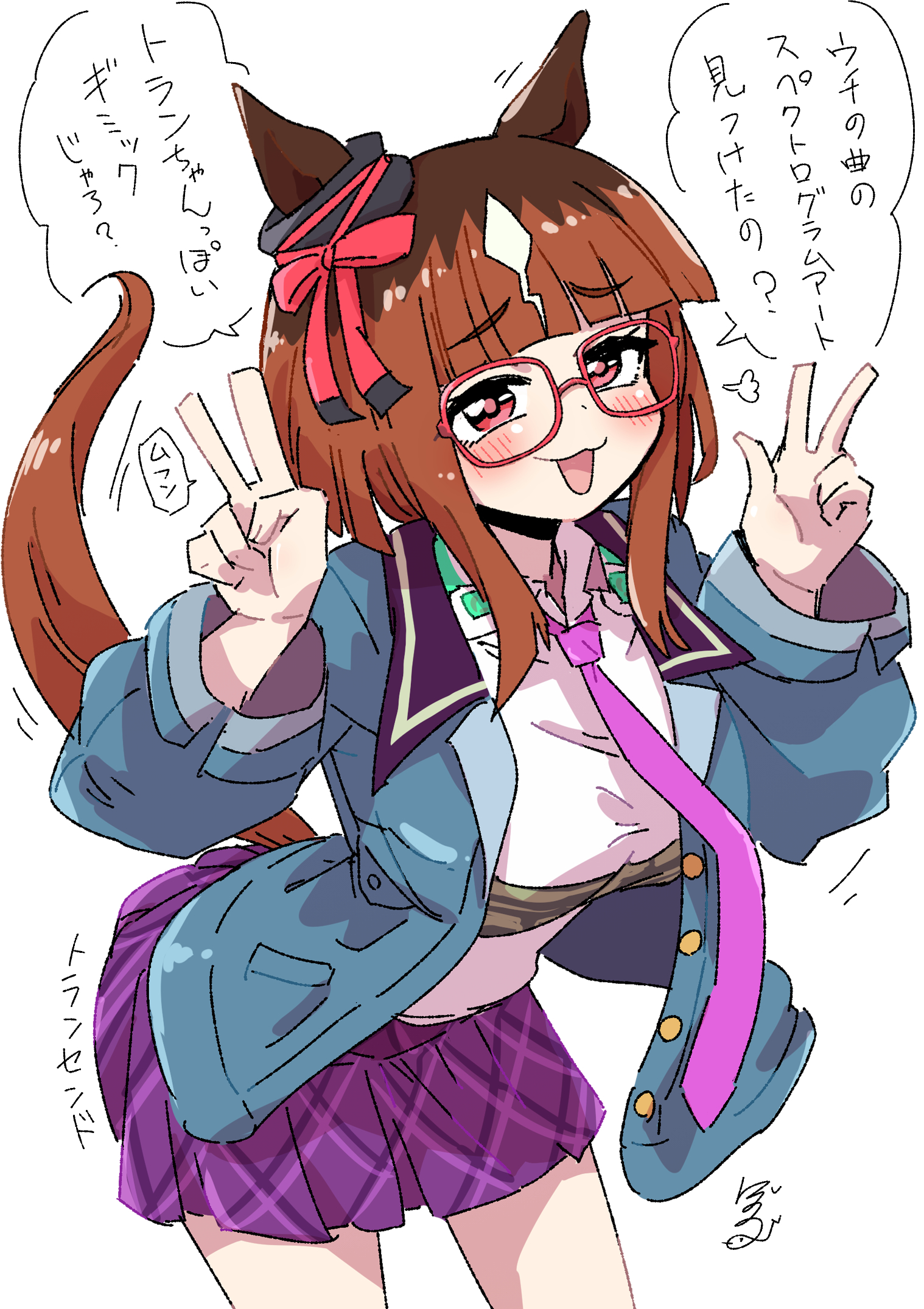 bob (you-u-kai), transcend (casual) (umamusume), transcend (umamusume), umamusume, commentary request, highres, 1girl, animal ears, blue jacket, blush, bow, breasts, brown hair, collared shirt, ear ornament, ear ribbon, glasses, headphones, headphones around neck, horse ears, horse girl, horse tail, jacket, large breasts, leaning forward, long sleeves, looking at viewer, multicolored hair, necktie, open mouth, pink necktie, purple necktie, purple skirt, red-framed eyewear, red eyes, shirt, short hair, skirt, smile, solo, tail, v, w, white hair, white shirt