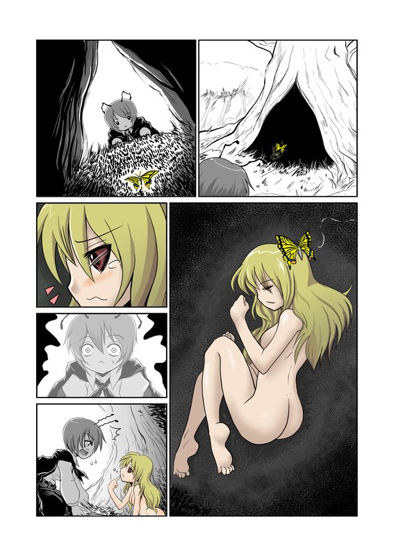 madara inosuke, lily white, wriggle nightbug, touhou, antennae, ass, barefoot, blonde hair, blush, bug, butterfly, cape, comic, feet, female focus, monochrome, nude, red eyes, short hair, silent comic, spot color