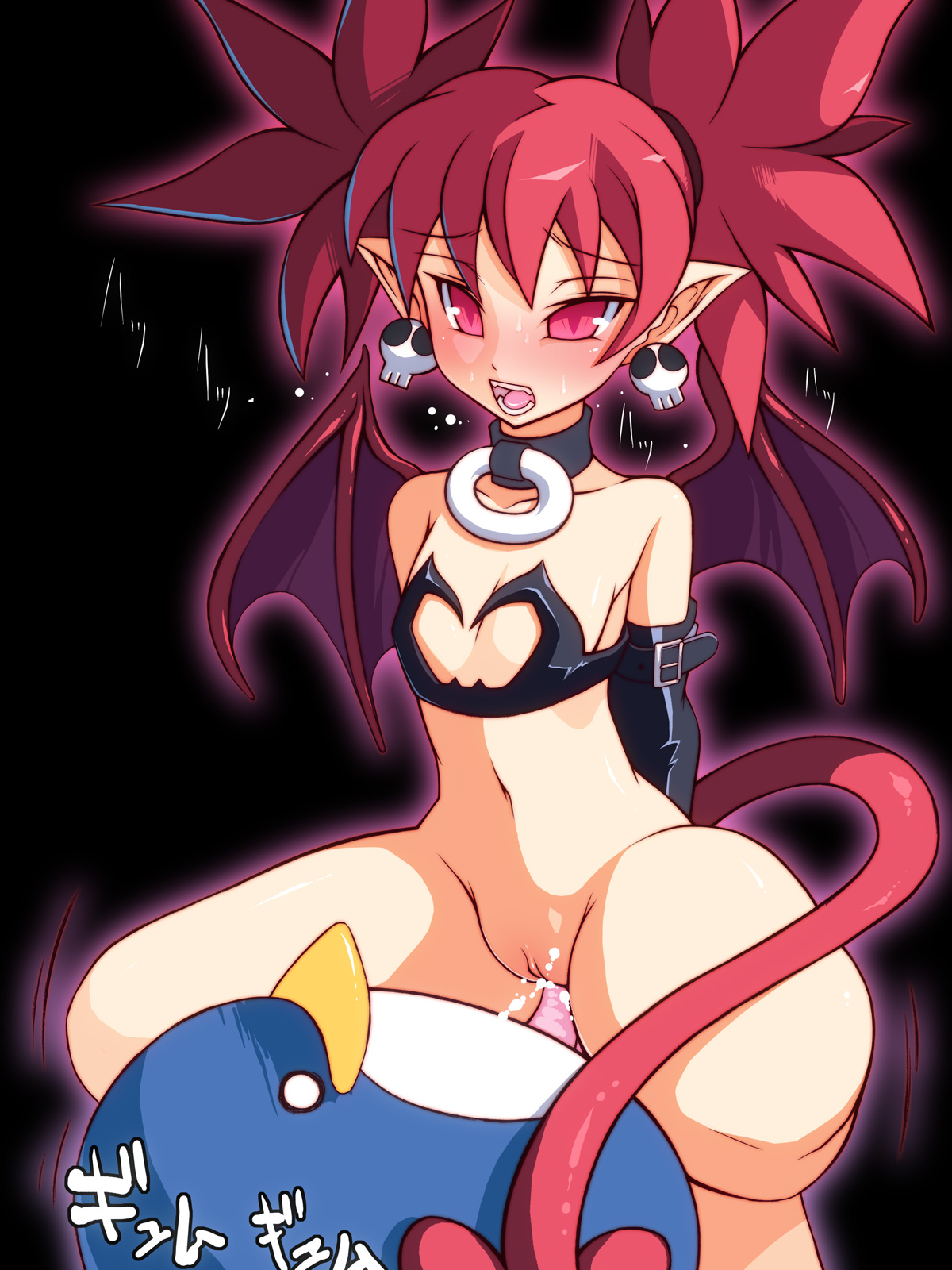 noise (lesion949), etna (disgaea), prinny, disgaea, highres, 1girl, bat wings, bestiality, bird, blush, choker, clitoris, cowgirl position, demon girl, demon tail, earrings, fangs, flat chest, girl on top, interspecies, jewelry, loli, open mouth, penguin, penis, pink eyes, pointy ears, pussy, red hair, sex, skull, solo focus, straddling, sweat, tail, twintails, uncensored, vaginal, wings