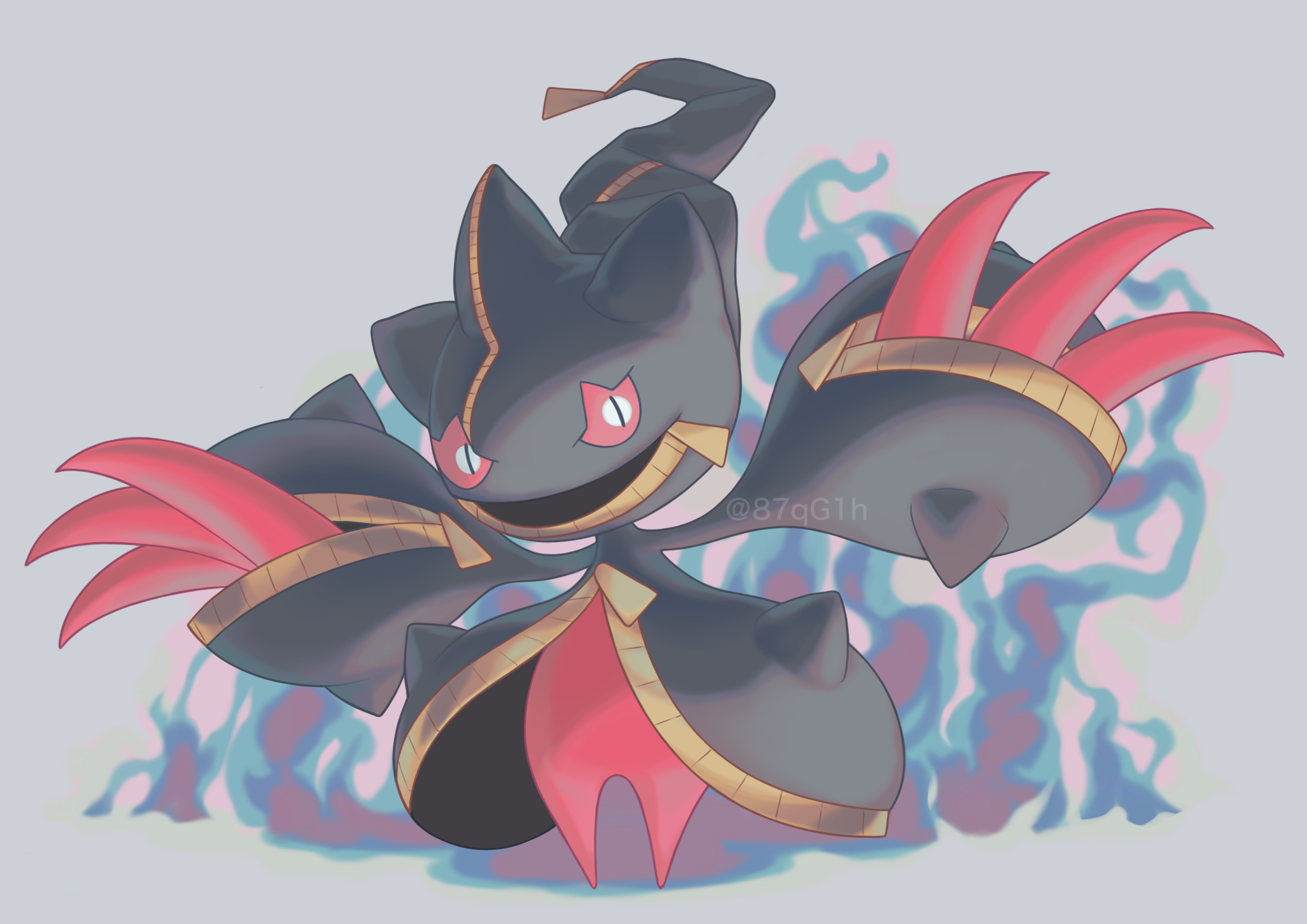 chii-san (87qg1h), banette, mega banette, nintendo, pokemon, commentary request, highres, blue fire, claws, colored sclera, fire, full body, gen 3 pokemon, looking at viewer, mega pokemon, no humans, open mouth, pink eyes, pokemon (creature), pokemon focus, red eyes, smile, solo, zipper, zipper pull tab