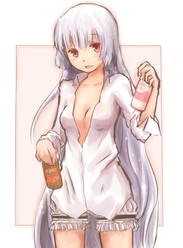kokotetsu, fujiwara no mokou, touhou, silver hair, bad id, bad pixiv id, 1girl, bloomers, bottle, bottomless, breasts, cleavage, dress shirt, female focus, large breasts, long hair, milk, no bra, no pants, open clothes, open shirt, red eyes, shirt, smile, solo, underwear, very long hair