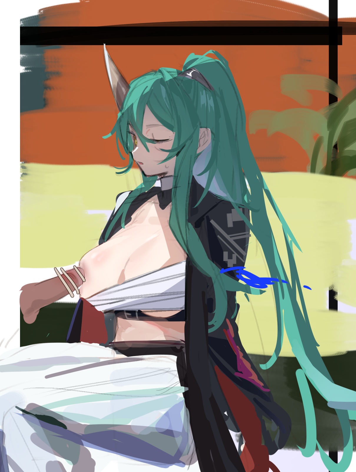 ydjc0604, hoshiguma (arknights), arknights, commentary request, highres, 1boy, 1girl, bar censor, black jacket, breasts, brown horns, censored, chest sarashi, hair between eyes, horns, jacket, large breasts, long hair, nipple stimulation, nipples, one breast out, one eye closed, penis, ponytail, sarashi, single horn, sitting, sketch, solo focus, very long hair, yellow eyes