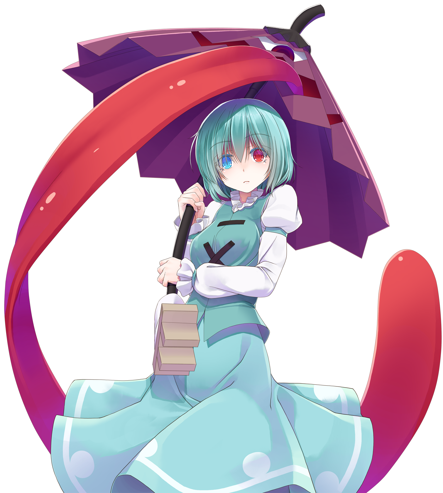 crote, tatara kogasa, touhou, commentary request, highres, large variant set, variant set, 1girl, blue eyes, blue hair, blue vest, closed mouth, cowboy shot, hand up, heterochromia, holding, holding umbrella, karakasa obake, long sleeves, looking at viewer, raised eyebrows, red eyes, shirt, short hair, skirt, sleeves past wrists, solo, standing, tachi-e, tongue, tongue out, transparent background, umbrella, vest