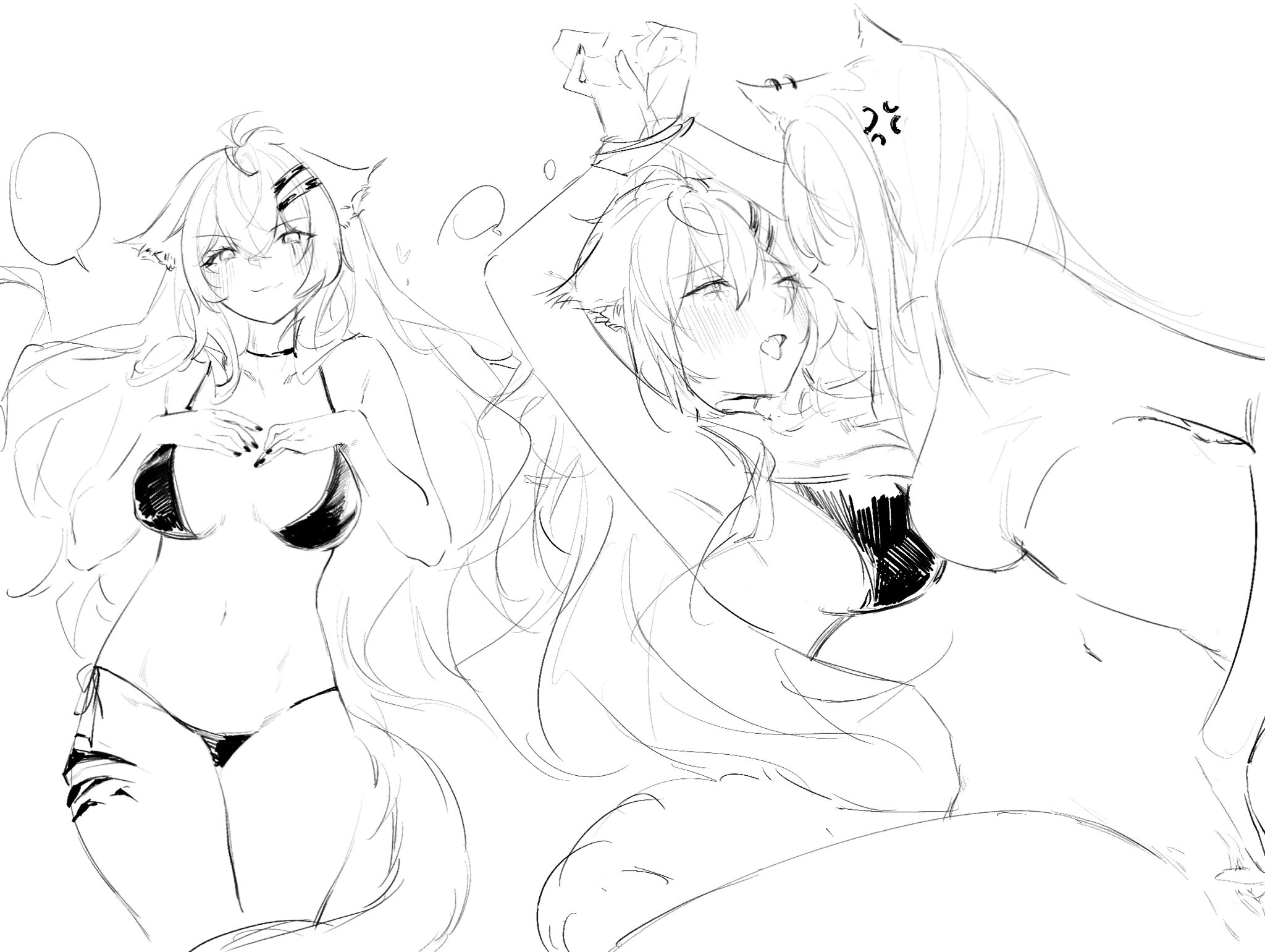 lappland (arknights), texas (arknights), arknights, hashtag-only commentary, highres, 2girls, angry, animal ears, armpits, bikini, black bikini, black nails, blank speech bubble, blush, bound, bound wrists, breast press, breasts, choker, collarbone, ears down, female masturbation, fingering, girl on top, hair ornament, half-closed eyes, hands on own chest, heart, lineart, long hair, looking at another, looking at viewer, loose hair strand, lying, masturbation, medium breasts, multiple girls, navel, on back, onemore, open mouth, saliva, saliva trail, scar, scar on face, scar on leg, sketch, smile, speech bubble, spread legs, strangling, swimsuit, tail, tank top, tearing up, thick thighs, thighs, tooth, very long hair, white background, wolf ears, wolf girl, wolf tail, yuri
