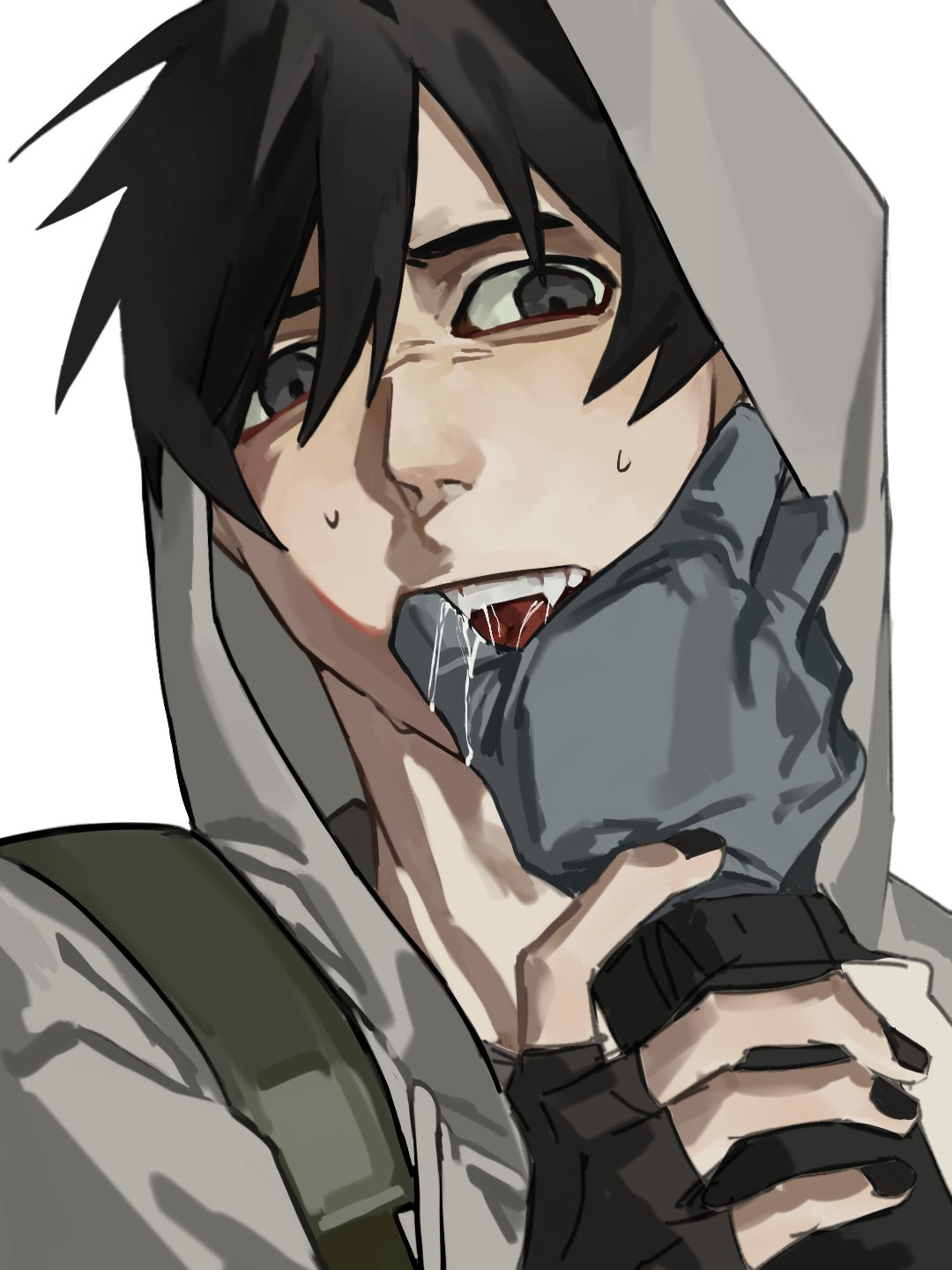 david leatherhoff, simon henriksson, afraid of monsters, cry of fear, commentary request, highres, 2boys, aegyo sal, bag, black gloves, black hair, black nails, black shirt, brotherhon56337, creator connection, finger in another's mouth, fingerless gloves, gloves, grey gloves, grey hoodie, hand on another's wrist, hood, hood up, hoodie, male focus, multiple boys, pov, pov hands, saliva, shirt, short hair, shoulder bag, sweatdrop, upper body, wide-eyed, yaoi