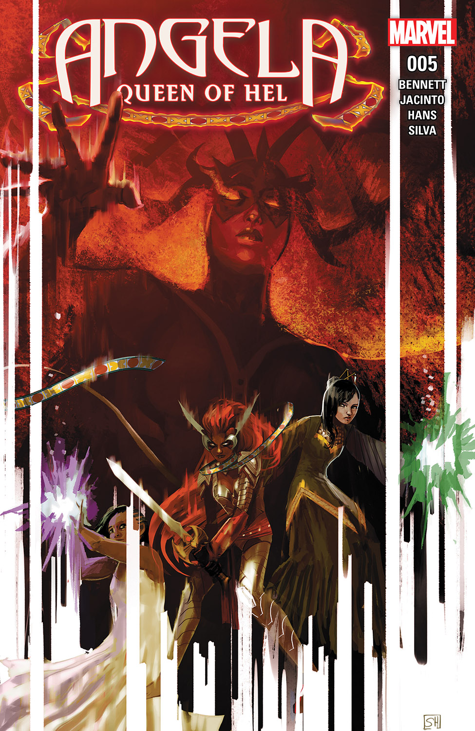 angela (marvel), hela (marvel), marvel, thor (marvel) (series), comic cover, highres, official art, 4girls, armor, armored boots, artist name, black hair, boots, braid, breastplate, character name, company name, copyright logo, copyright name, cover, cover page, dark-skinned female, dark skin, dress, english text, eye trail, facepaint, fake horns, gloves, gold trim, green dress, grey armor, grey boots, hair bun, holding, holding sword, holding weapon, horned headwear, horns, leah of hel, light trail, logo, long hair, looking at viewer, magic, multiple girls, no pupils, orange hair, pauldrons, reaching, reaching towards viewer, red hair, red sash, sash, sera (marvel), shoulder armor, spiked headband, stephanie hans, sword, very long hair, weapon, western comics (style), white dress, white eyes, wife and wife