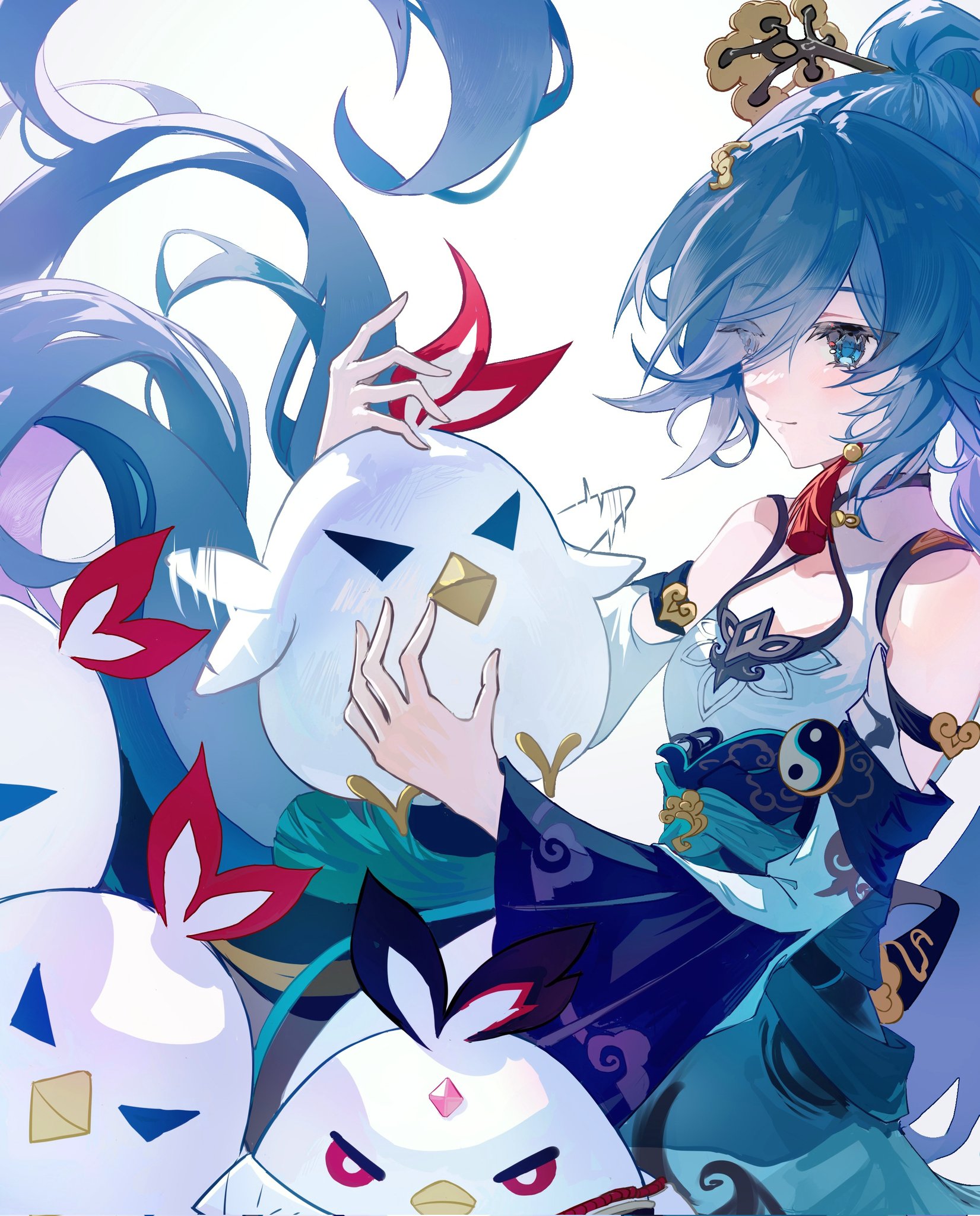 baigeo, fu hua, fu hua (azure empyrea), jingwei (bird), honkai (series), honkai impact 3rd, commentary, hashtag-only commentary, highres, 1girl, animal, bare shoulders, blue eyes, china dress, chinese clothes, closed mouth, detached sleeves, dress, grey hair, hair ornament, hair stick, holding, holding animal, long hair, sleeveless, sleeveless dress, solo, very long hair, white dress