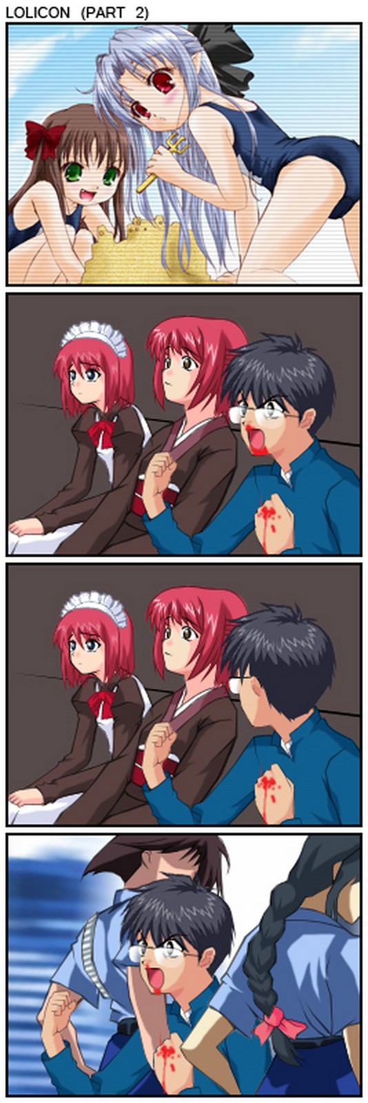arima miyako, hisui (tsukihime), kobayakawa miyuki, kohaku (tsukihime), len (tsukihime), tohno shiki, tsujimoto natsumi, taiho shichauzo, tsukihime, highres, long image, tall image, 00s, 1boy, 4koma, 6+girls, blood, braid, comic, crossover, gaijin 4koma (meme), japan national police, maid, meme, multiple girls, nosebleed, police, siblings, sisters, swimsuit, twins