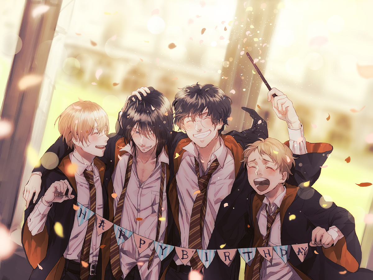 kirikawa juu, james potter, peter pettigrew, remus lupin, sirius black, harry potter (series), wizarding world, 4boys, black hair, black robe, blonde hair, brown hair, closed eyes, collar, english text, facial scar, glasses, gryffindor, hand on another's head, happy birthday, height difference, hogwarts school uniform, holding, holding wand, long sleeves, male focus, multiple boys, multiple scars, necktie, one eye closed, open mouth, parted lips, pectoral cleavage, pectorals, robe, scar, scar on cheek, scar on face, scar on nose, school uniform, shirt, striped necktie, teeth, tongue, undone necktie, upper teeth only, wand, white shirt, wing collar
