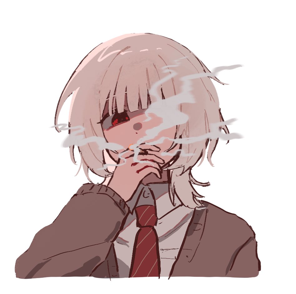 hrsw mz, tatsunami shion, saihate eki, commentary, 1boy, brown cardigan, cardigan, cigarette, collared shirt, cropped shoulders, dress shirt, formal clothes, hand up, male focus, necktie, portrait, red eyes, red necktie, shaded face, shirt, simple background, smoke, smoking, solo, striped clothes, striped necktie, white background, white hair, white shirt