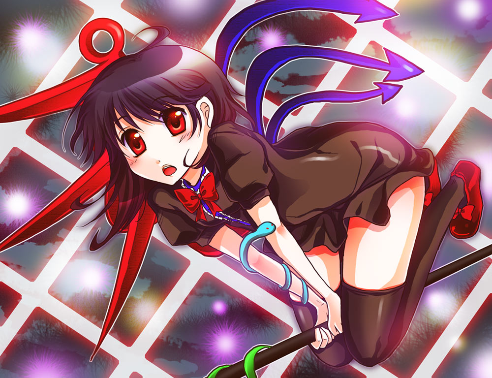 yukimu funi, houjuu nue, touhou, 1girl, black hair, black thighhighs, female focus, full body, red eyes, short hair, solo, thighhighs, wings, zettai ryouiki