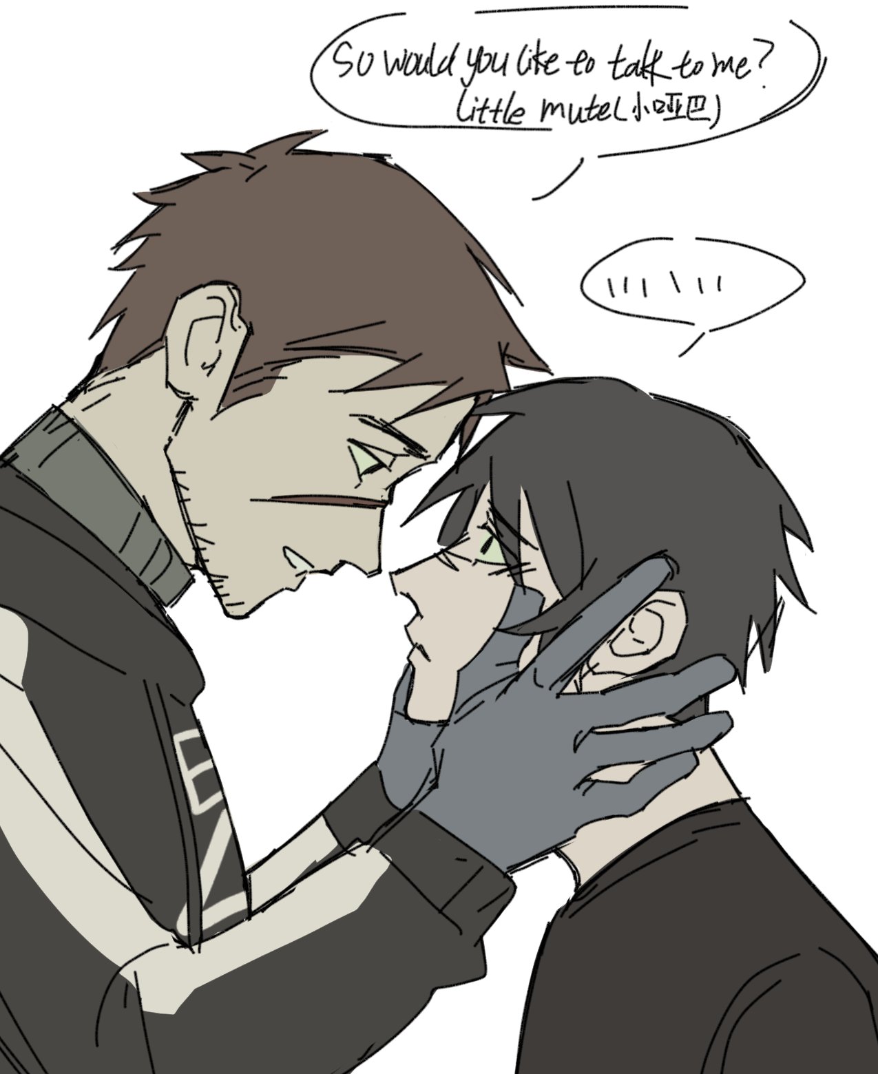 simon henriksson, afraid of monsters, cry of fear, highres, …, 2boys, bag, beard stubble, black gloves, black hair, black hoodie, black shirt, brotherhon56337, brown hair, creator connection, english text, facial hair, fingerless gloves, gloves, grey gloves, hand on another's face, hood, hood down, hoodie, male focus, multiple boys, parted lips, scar, scar on face, shirt, short hair, shoulder bag, spoken ellipsis, stubble, talking, turtleneck