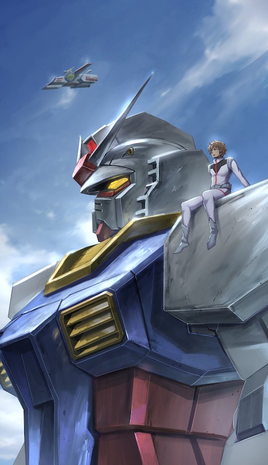 porukima, amuro ray, rx-78-2 gundam, white base, gundam, mobile suit gundam, commentary, english commentary, 1boy, arm support, brown hair, cloud, cloudy sky, earth federation, earth federation space forces, from below, glowing, glowing eyes, looking to the side, mecha, mecha focus, mecha pilot suit, messy hair, mobile suit, normal suit (gundam), robot, science fiction, short hair, sitting on mecha, sky, spacesuit, v-fin