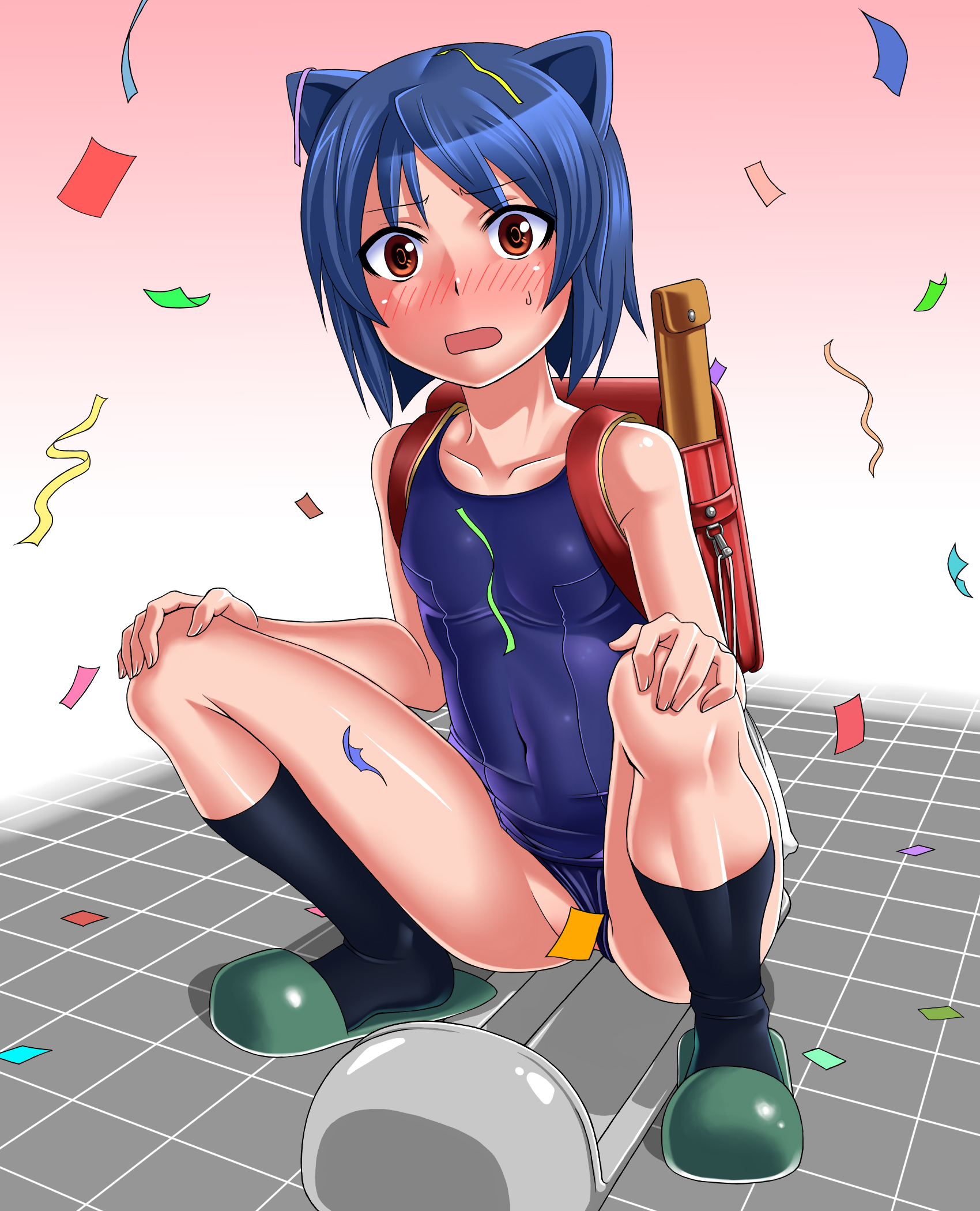 orochi itto, daidouji kira, aq interactive, arcana heart, atlus, examu, bad id, bad pixiv id, highres, 1girl, backpack, bag, blue hair, blush, censored, clothing aside, confetti, convenient censoring, female focus, one-piece swimsuit, orange eyes, randoseru, school swimsuit, short hair, slippers, socks, solo, squat toilet, squatting, surprised, swimsuit, swimsuit aside, toilet, toilet use