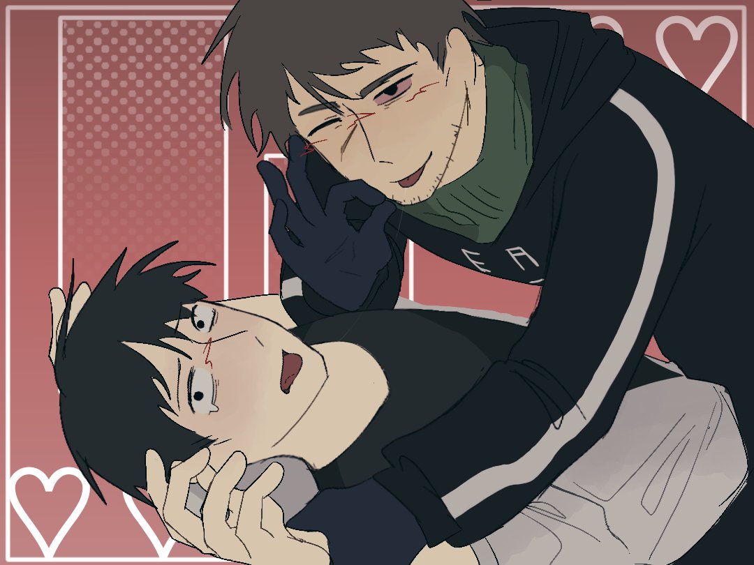 david leatherhoff, simon henriksson, afraid of monsters, cry of fear, hashtag-only commentary, 2boys, ;p, bag, beard stubble, black gloves, black hair, black hoodie, black shirt, bloodshot eyes, boy on top, brotherhon56337, brown hair, creator connection, facial hair, fingerless gloves, gloves, grey hoodie, holding hands, hood, hood down, hood up, hoodie, looking at viewer, male focus, multiple boys, one eye closed, scar, scar on face, sexually suggestive, shirt, short hair, shoulder bag, stubble, tongue, tongue out, turtleneck, upper body, worried