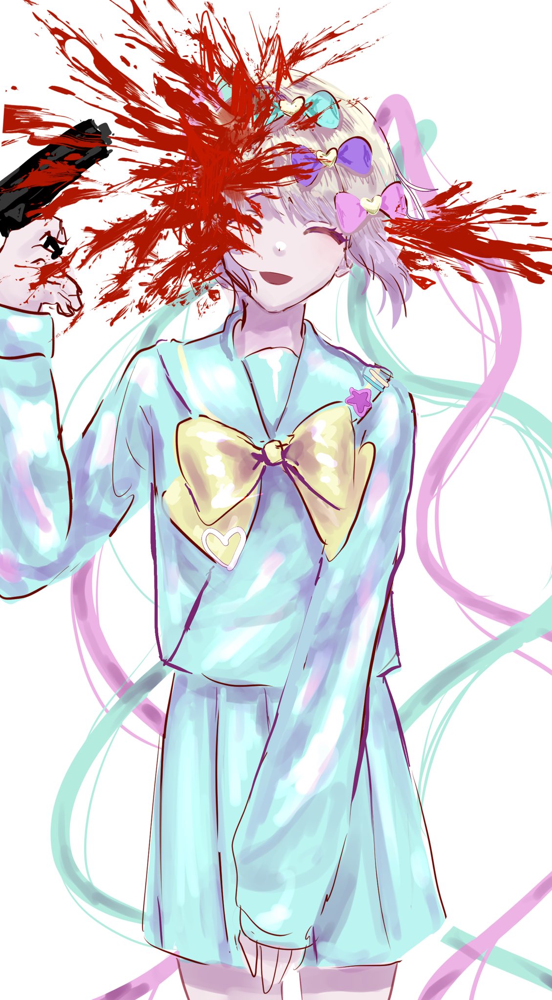 chouzetsusaikawa tenshi-chan, needy girl overdose, hashtag-only commentary, highres, 1girl, blonde hair, blood, blood splatter, blue hair, blue serafuku, bow, chest bow, closed eyes, facing viewer, feet out of frame, grin, gun, hair bow, hana 0 0 09, hand on lap, handgun, head tilt, headshot, holding, holding gun, holding weapon, multiple hair bows, pink hair, quad tails, school uniform, serafuku, smile, solo, suicide, weapon