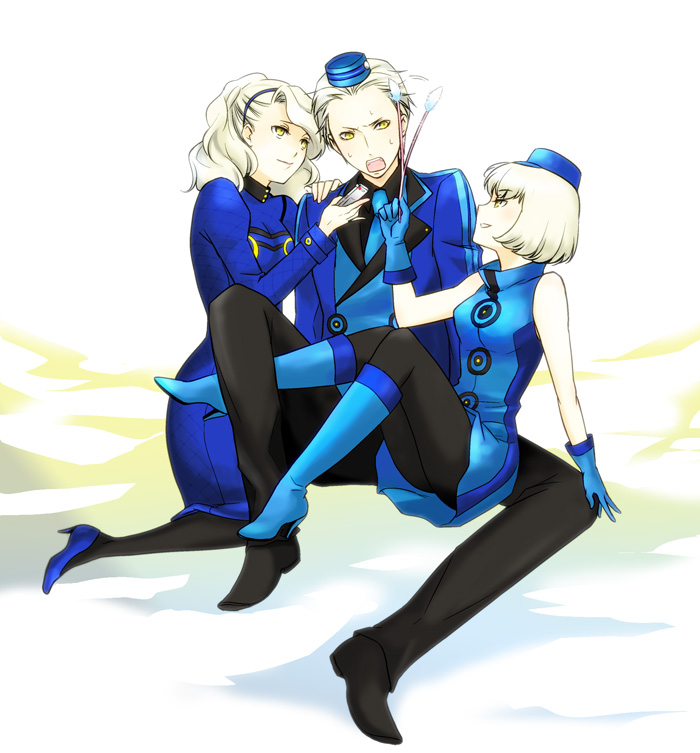 kazuko (aozora), wa (pixiv241908), elizabeth (persona), margaret (persona), theodore (persona), atlus, persona, persona 3, persona 3 portable, persona 4, margaret, silver hair, 1boy, 2girls, blonde hair, boots, cat teaser, family, family bonding, gloves, hat, high heels, legs, multiple girls, pantyhose, shoes, short hair, siblings, sitting, sleeveless, wavy hair, yellow eyes