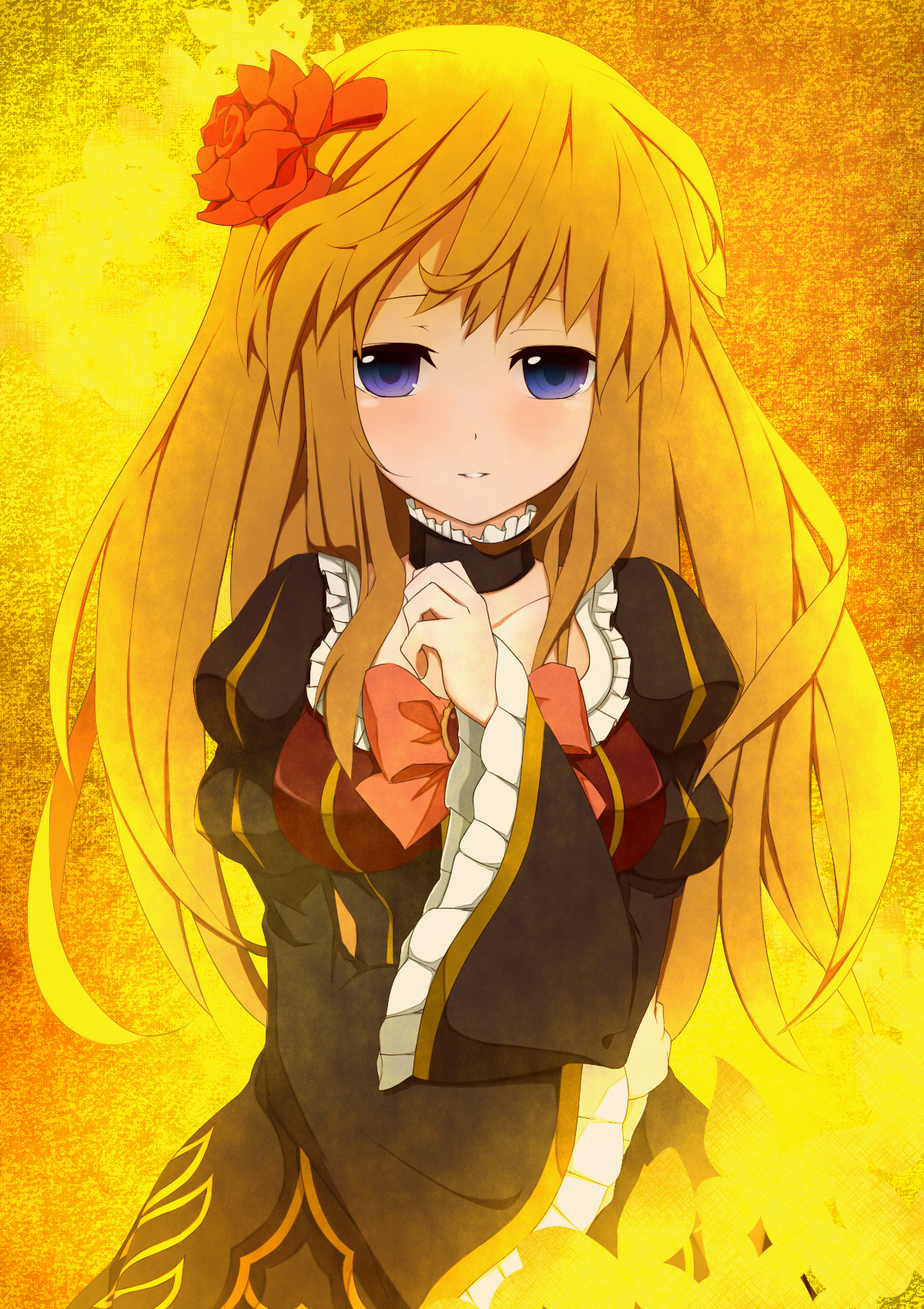 nemu (nebusokugimi), beatrice (umineko), no naku koro ni (series), umineko no naku koro ni, highres, 1girl, blonde hair, blue eyes, blush, bow, breasts, bug, butterfly, choker, dress, female focus, flower, hair flower, hair ornament, insect, long hair, pink bow, rose, solo