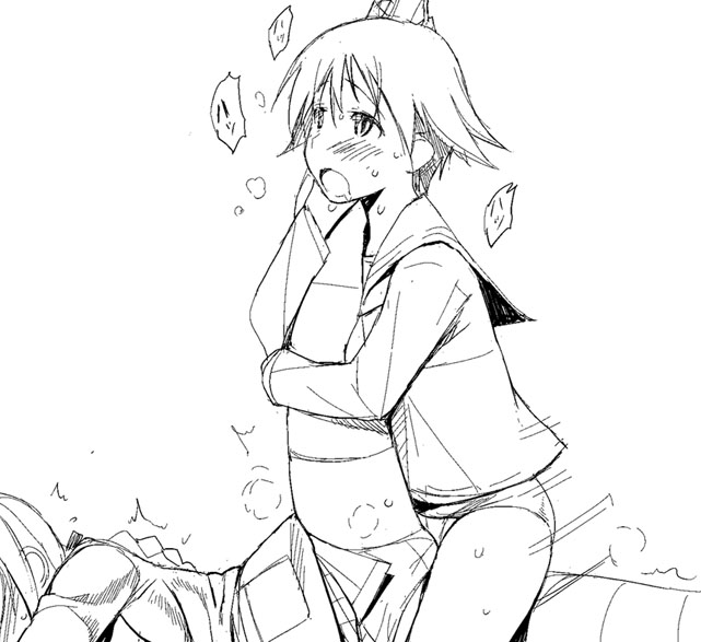 lynette bishop, miyafuji yoshika, strike witches, world witches series, artist request, 2girls, blush, clothed sex, flat chest, monochrome, multiple girls, short hair, sketch, through panties, tribadism, yuri