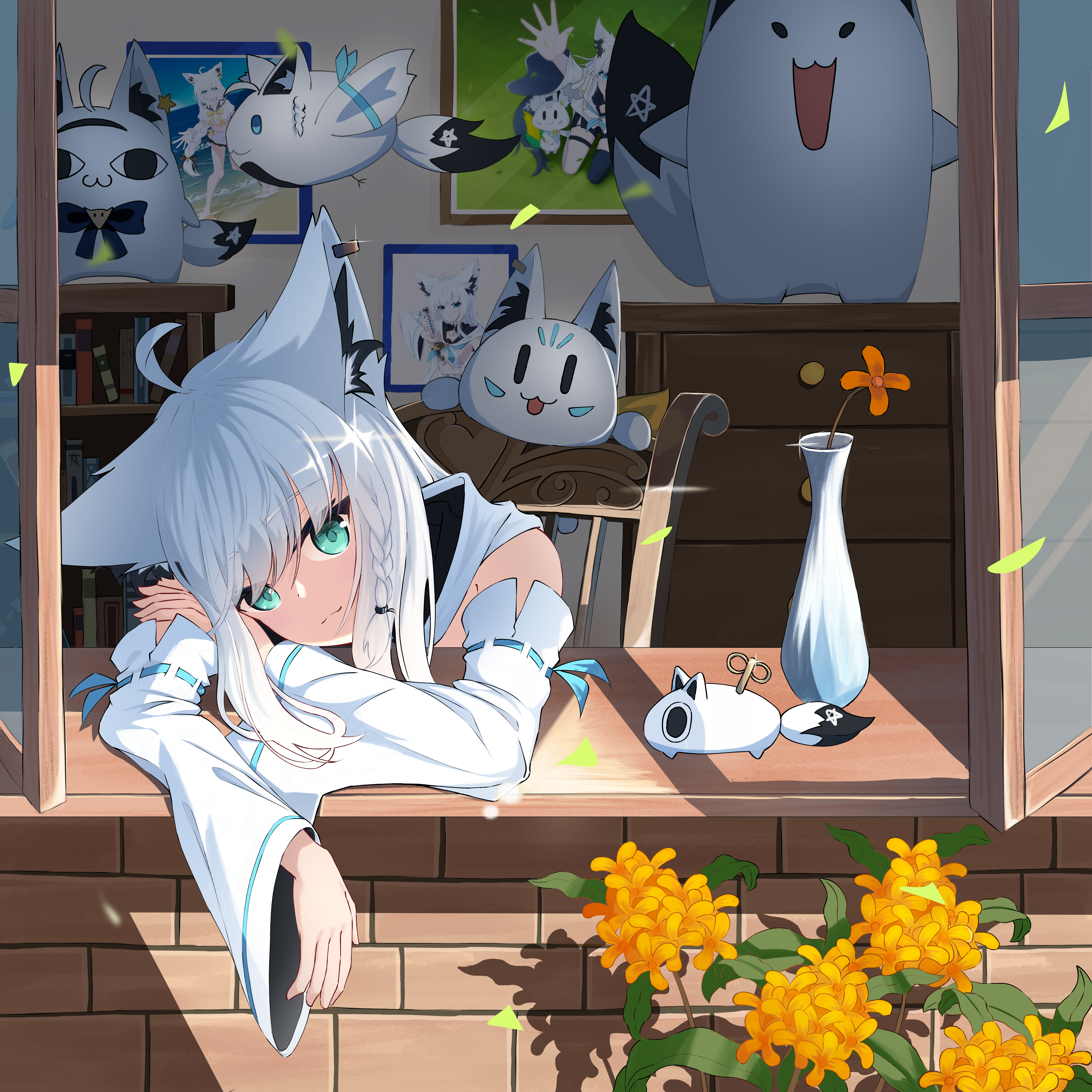 fubuchun, fubuzilla (shirakami fubuki), miteiru (shirakami fubuki), nejima kitsune (shirakami fubuki), shirakami fubuki, shirakami fubuki (1st costume), sukonbu (shirakami fubuki), hololive, absurdres, commentary request, highres, 1girl, ahoge, animal ear fluff, animal ears, braid, chair, chest of drawers, detached sleeves, earrings, fox ears, fox girl, green eyes, hair between eyes, hood, hoodie, jewelry, jhsang1996, leaning forward, long hair, looking at viewer, open window, sidelocks, single braid, virtual youtuber, white hair, white hoodie, window