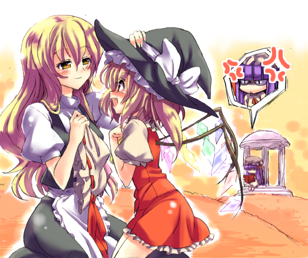 fumitan (humitan), flandre scarlet, kirisame marisa, patchouli knowledge, embodiment of scarlet devil, touhou, 3girls, angry, blonde hair, book, female focus, hat, headwear switch, jealous, long hair, multiple girls, ponytail, purple eyes, purple hair, red eyes, short hair, side ponytail, unworn hat, unworn headwear, wings, witch, witch hat, yellow eyes