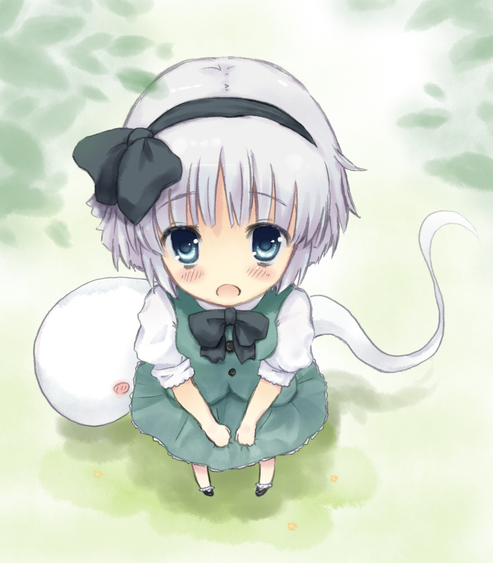 mizukusa aoba, konpaku youmu, konpaku youmu (ghost), touhou, silver hair, bad id, bad pixiv id, 1girl, aged down, blue eyes, blush, blush stickers, female focus, full body, ghost, hairband, nature, open mouth, outdoors, plant, ribbon, short hair, skirt, solo