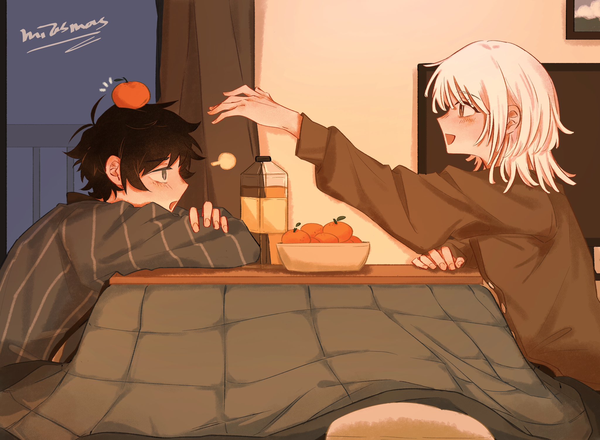 akinashi haru, tatsunami shion, saihate eki, commentary request, highres, 2boys, :d, black hair, blue shirt, blush, bottle, brown shirt, food, food on head, from side, fruit, happy, indoors, juice, kotatsu, male focus, mandarin orange, miasmas70, multiple boys, object on head, open mouth, shirt, short hair, smile, table, television, white hair