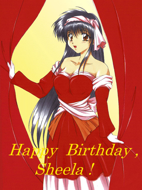 sheela sheffield, yuukyuu gensoukyoku, commentary, 1girl, back bow, bare shoulders, birthday, black hair, bow, breasts, brown eyes, character name, cleavage, collarbone, cowboy shot, curtain grab, curtains, detached sleeves, dress, hairband, happy birthday, long hair, medium breasts, open mouth, red dress, red sleeves, red theme, sash, sidelocks, smile, solo, standing, strapless, strapless dress, very long hair, white bow, white dress, white hairband, white sash, yuuki shino
