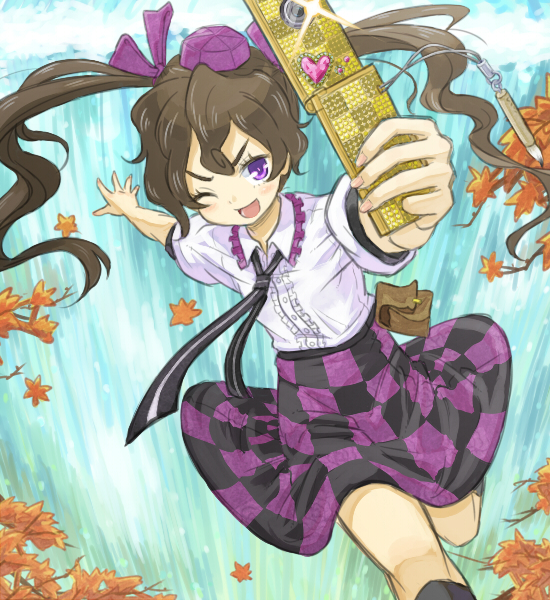 kingin, himekaidou hatate, touhou, 1girl, brown hair, cellphone, female focus, phone, plant, purple eyes, running, solo, twintails, wink