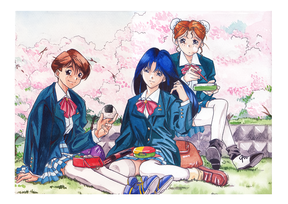 tanaka ryou, fujiwara aya, hayasaka akira, toono mizuki, super real mahjong, non-web source, official art, 1990s (style), 3girls, adjusting hair, bag, blazer, blue eyes, blue hair, blue jacket, blue shoes, blue skirt, border, brown eyes, brown hair, brown shoes, bun cover, crossed legs, day, double bun, eating, food, food in mouth, hair bun, holding, holding food, jacket, loafers, long hair, long sleeves, looking at viewer, lunchbox, miniskirt, multiple girls, onigiri, outdoors, pleated skirt, red eyes, red hair, retro artstyle, rice, school bag, shoes, short hair, sitting, skirt, smile, striped clothes, striped skirt, thighhighs, wariza, white border, white thighhighs, zettai ryouiki