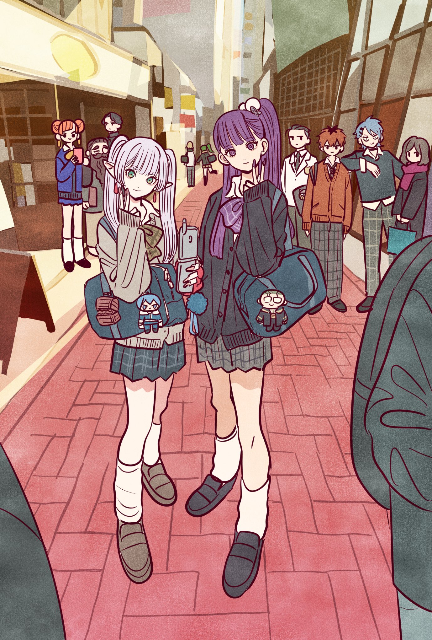 takeuchi ryousuke, denken (sousou no frieren), ehre (sousou no frieren), eisen (sousou no frieren), fern (sousou no frieren), frieren, heiter, himmel (sousou no frieren), land (sousou no frieren), laufen (sousou no frieren), mimic chest, richter (sousou no frieren), scharf (sousou no frieren), ubel (sousou no frieren), wirbel (sousou no frieren), sousou no frieren, commentary, highres, 5girls, 6+boys, alternate costume, alternate hairstyle, bag, beard, black cardigan, black coat, black necktie, black pants, black shoes, black skirt, blazer, blue cardigan, blue hair, blue vest, bow, bowtie, breasts, brown bow, brown bowtie, brown hair, brown shoes, butterfly hair ornament, cardigan, cellphone, character doll, city, closed mouth, coat, contemporary, doll, double bun, earrings, elbow on another's shoulder, elf, eyelashes, facial hair, flip phone, full body, green eyes, green hair, grey cardigan, grey hair, grey pants, grey skirt, gyaru, hair bun, hair ornament, hair slicked back, hairclip, holding, holding phone, jacket, jewelry, light smile, loafers, long hair, looking at viewer, loose socks, mimic, miniskirt, monocle, multiple boys, multiple girls, nail polish, necktie, orange hair, pants, phone, pink nails, plaid bow, plaid bowtie, plaid clothes, plaid pants, plaid skirt, pleated skirt, pointy ears, pom pom (clothes), pom pom hair ornament, ponytail, purple bow, purple bowtie, purple eyes, purple hair, purple nails, purple scarf, red cardigan, red hair, scarf, school bag, shirt, shoes, shopping bag, short eyebrows, skirt, sleeves past wrists, small breasts, socks, standing, straight hair, thick eyebrows, treasure chest, twintails, v, vest, white jacket, white shirt, white socks