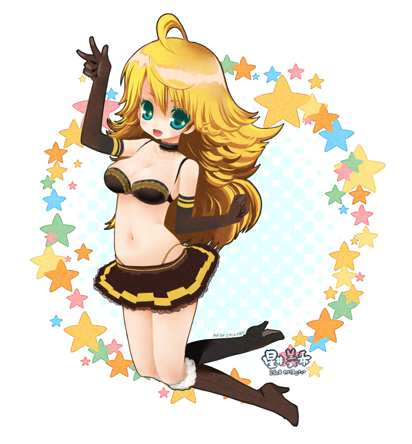 chikkuru, 961 production, hoshii miki, idolmaster, idolmaster (classic), 1girl, ahoge, aqua eyes, black bra, blonde hair, blue eyes, boots, bra, elbow gloves, fang, female focus, gloves, high heel boots, high heels, highleg, highleg panties, knee boots, lingerie, long hair, microskirt, panties, print bra, skirt, solo, thong, underwear, v, yellow panties