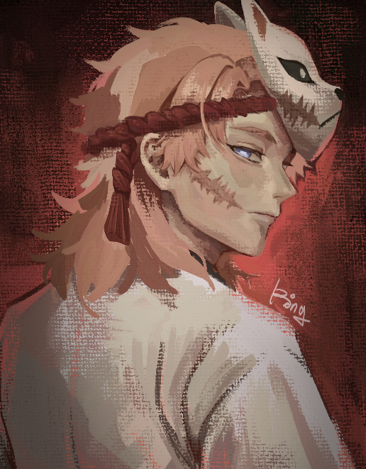 sabito (kimetsu), kimetsu no yaiba, commentary, symbol-only commentary, 1boy, blue eyes, closed mouth, fox mask, from behind, looking at viewer, looking back, male focus, mask, mask on head, medium hair, red rope, rope, rorong nya, scar, scar on face, signature, solo