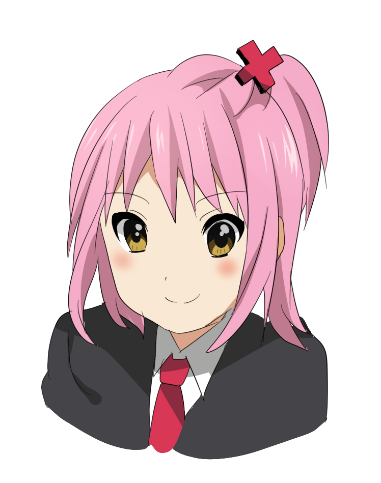 kiriri14, hinamori amu, k-on!, shugo chara!, bad id, bad pixiv id, 1girl, blush, female focus, parody, pink hair, short hair, simple background, smile, solo, style parody, white background, yellow eyes