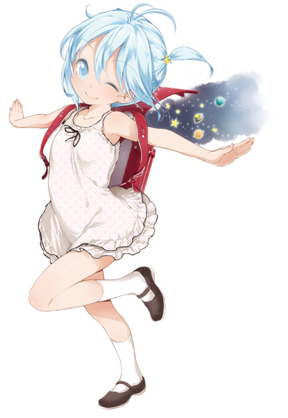 buriki, touwa erio, denpa onna to seishun otoko, 10s, 1girl, aged down, backpack, bag, blue eyes, blue hair, child, female focus, mary janes, matching hair/eyes, one eye closed, outstretched arms, planet, randoseru, shoes, solo, spread arms, star (symbol), wink