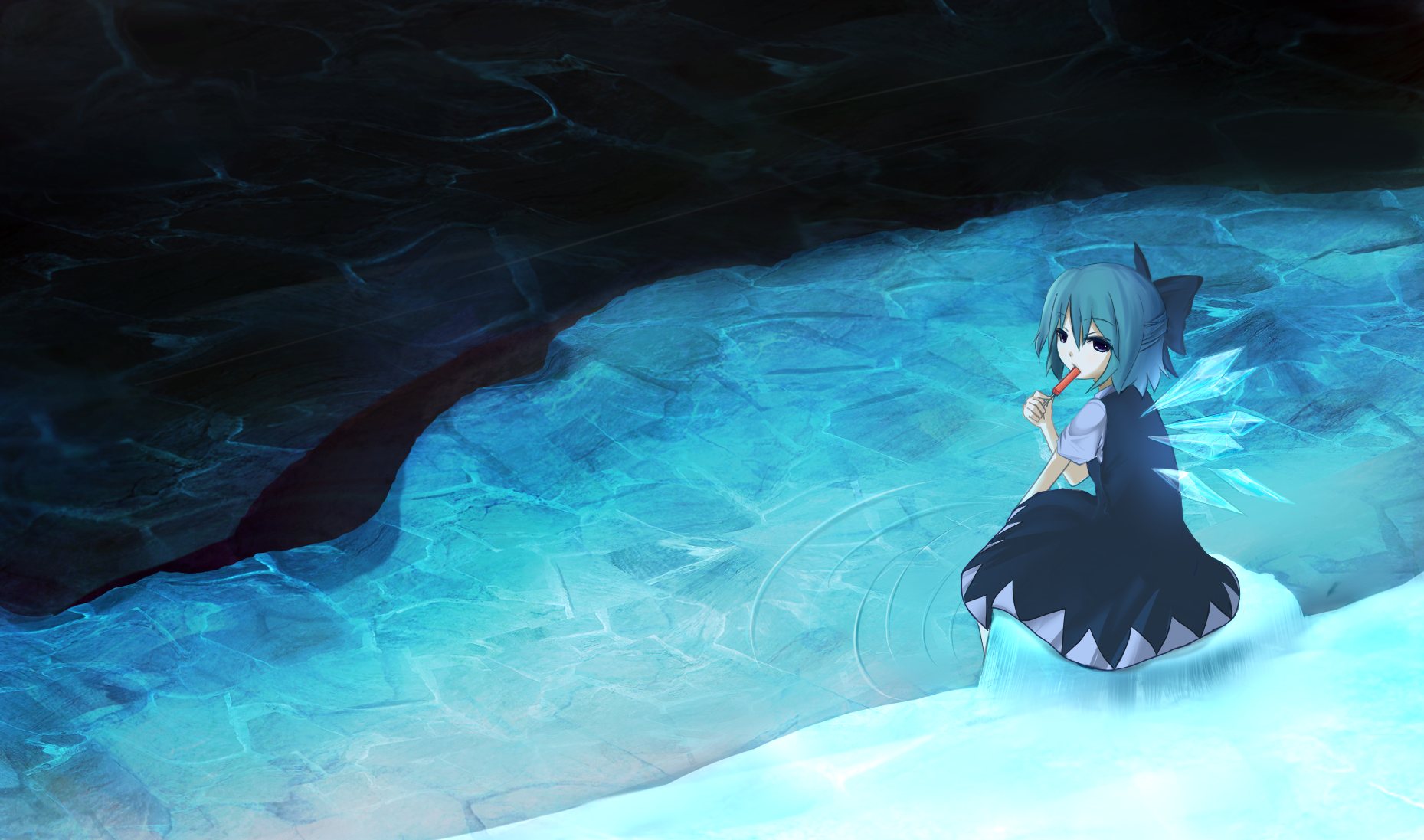 rexlent, cirno, embodiment of scarlet devil, touhou, highres, blue eyes, blue hair, bow, food, glowing, hair bow, ice, lake, popsicle, short hair, sitting, solo, wading, water, wings