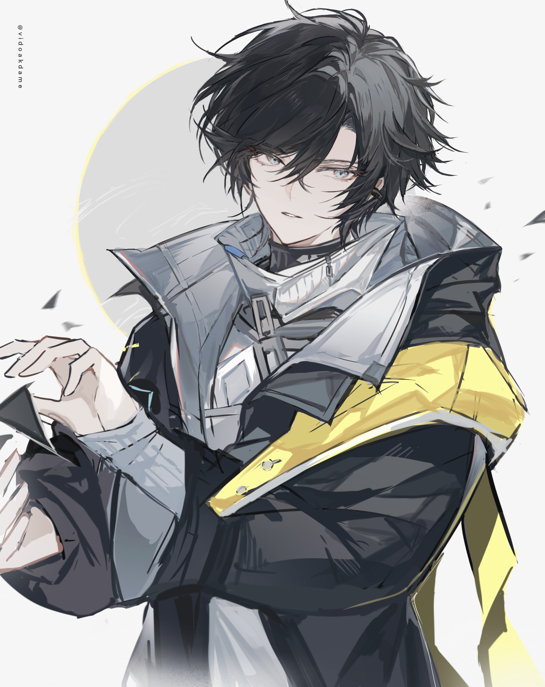 vidoakdame, endministrator (arknights), male endministrator (arknights), arknights, arknights: endfield, chinese commentary, commentary request, highres, mixed-language commentary, 1boy, black hair, black jacket, blue eyes, hair between eyes, high collar, jacket, long sleeves, looking at viewer, male focus, open clothes, open jacket, parted lips, scarf, shirt, short hair, simple background, solo, upper body, white background, white shirt, yellow scarf